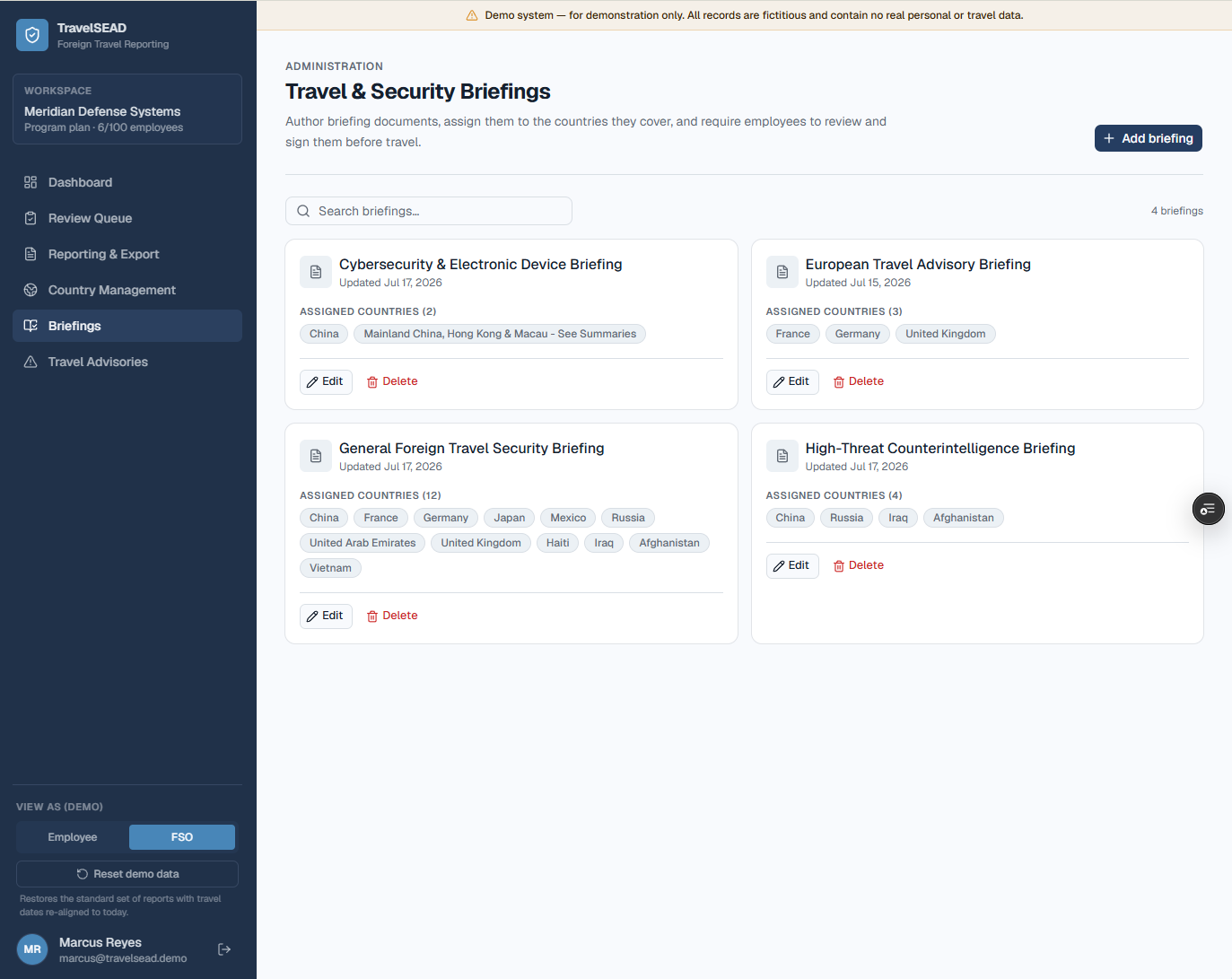 TravelSEAD briefings screen showing scheduled pre-travel and post-travel debrief status