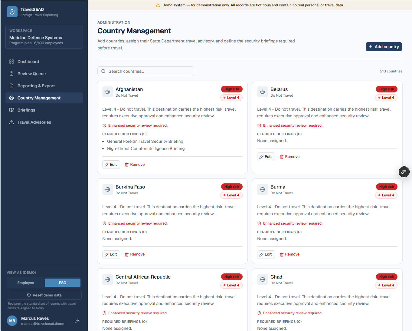 TravelSEAD country management screen showing risk tiers for travel destinations