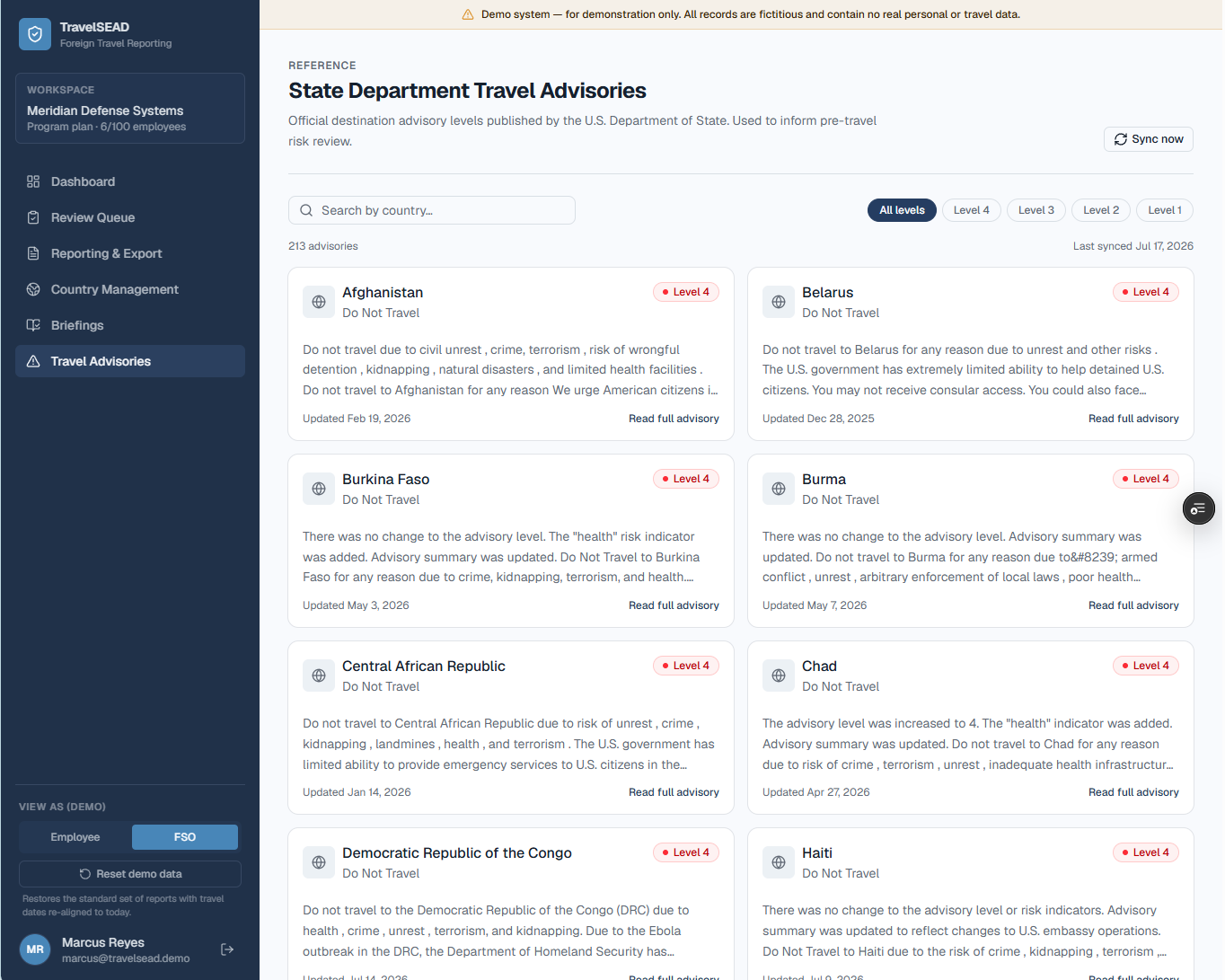 TravelSEAD DOS travel advisories view listing current State Department risk levels by country