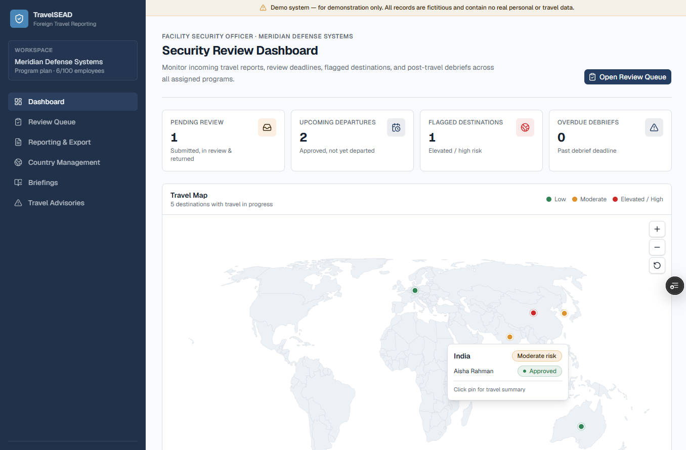 TravelSEAD map dashboard plotting cleared employee travel by destination