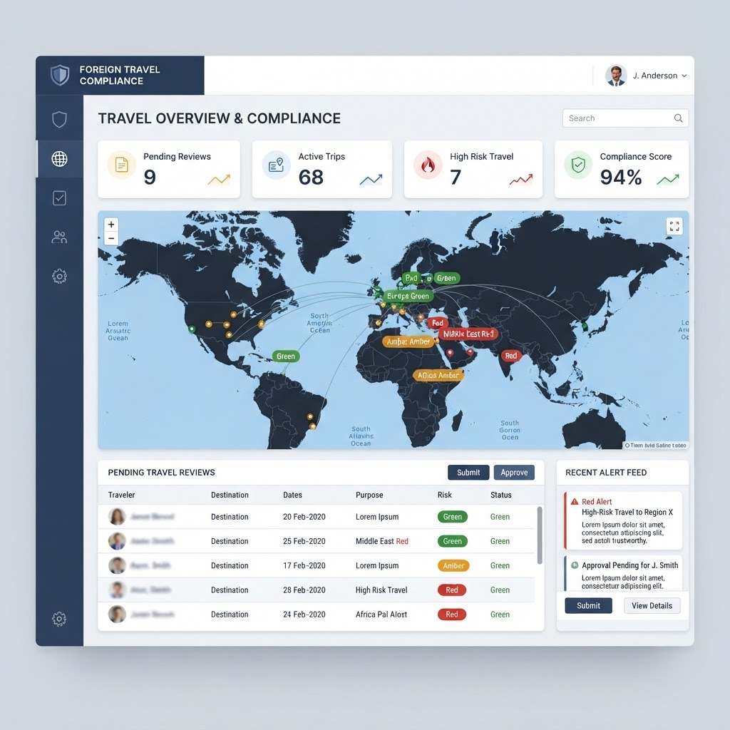 TravelSEAD security review dashboard showing pending travel reports, country risk levels, and review status
